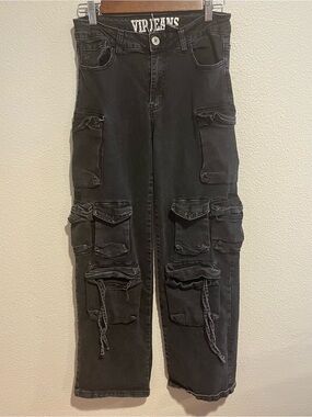 Vintage Y2K VIP Jeans Black Cargo Utility Baggy Goth Grunge Streetwear 9
